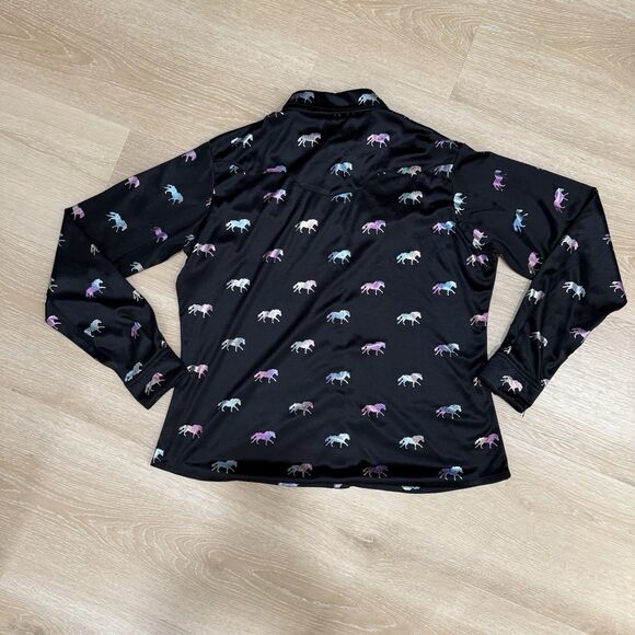 Wrangler Western Shirt Snap Buttons Hologram Horse Print Womens Sz M Black Satin - Picture 2 of 11